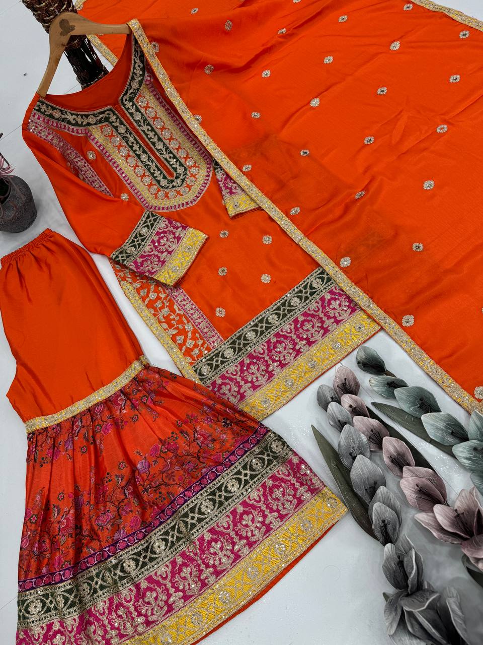 Trendy Orange Chinon Silk with Mirror Work Sharara Suit