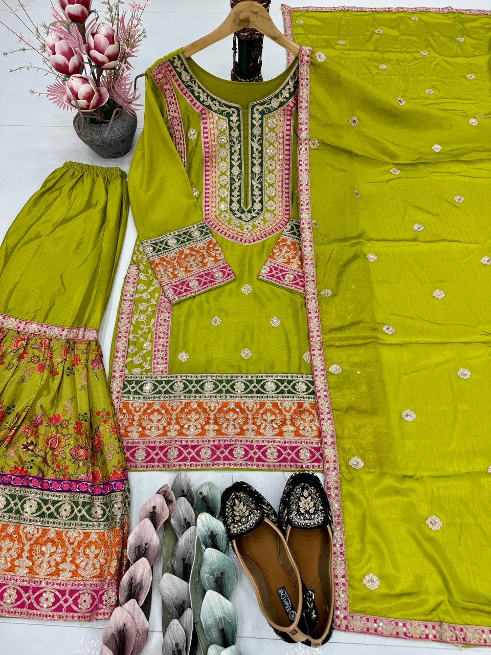 Trendy Orange Chinon Silk with Mirror Work Sharara Suit