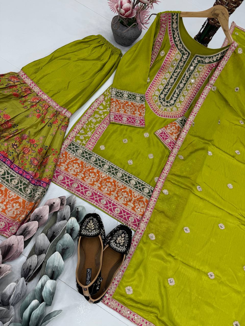 Trendy Orange Chinon Silk with Mirror Work Sharara Suit