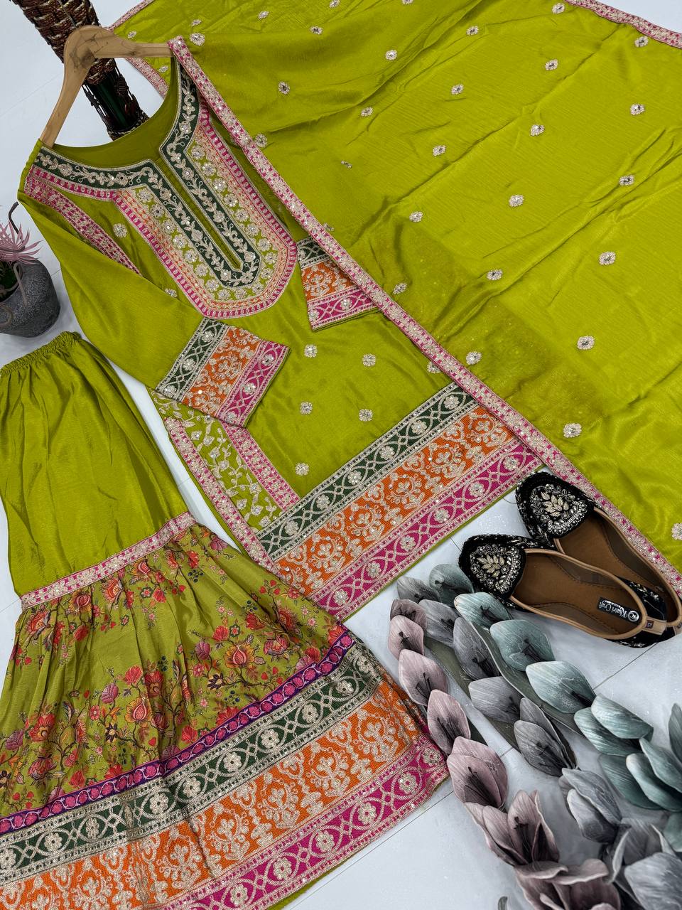 Trendy Orange Chinon Silk with Mirror Work Sharara Suit