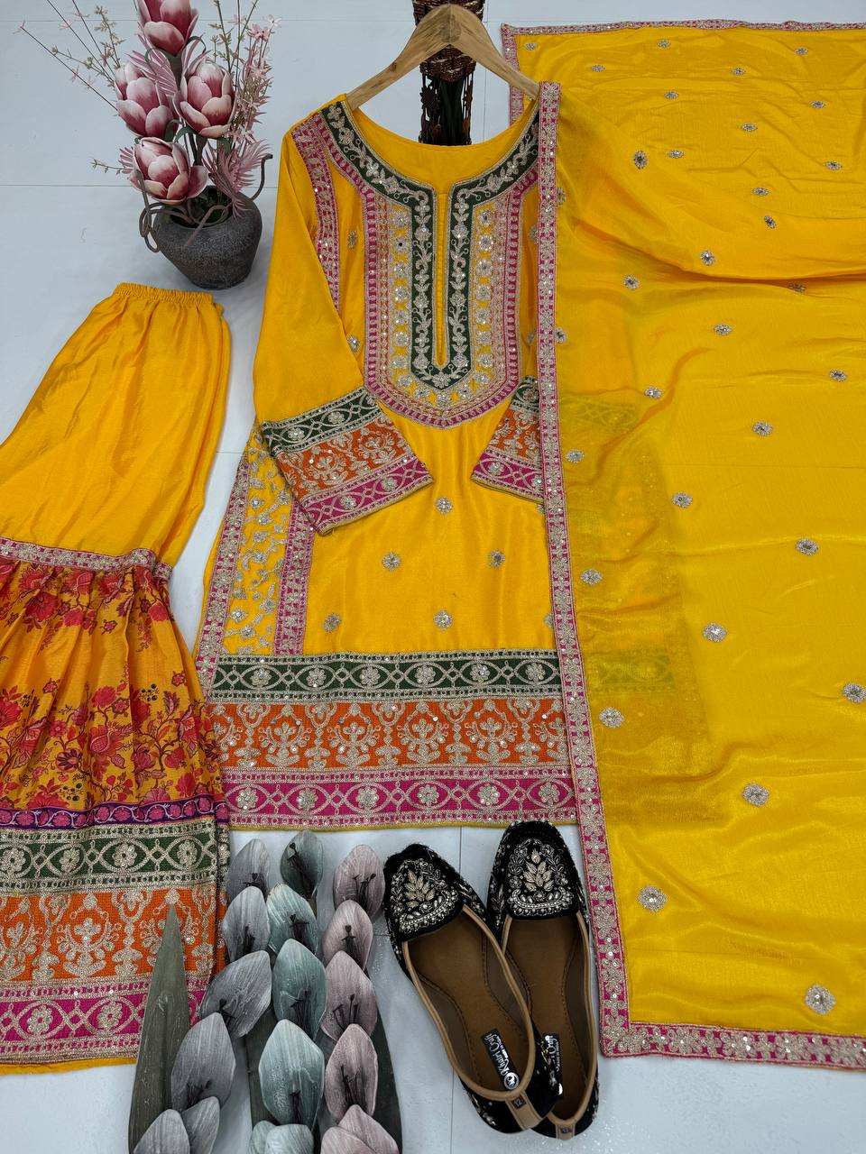 Trendy Orange Chinon Silk with Mirror Work Sharara Suit