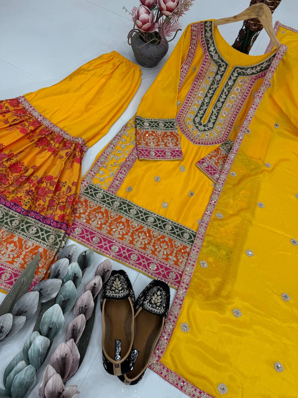 Trendy Orange Chinon Silk with Mirror Work Sharara Suit