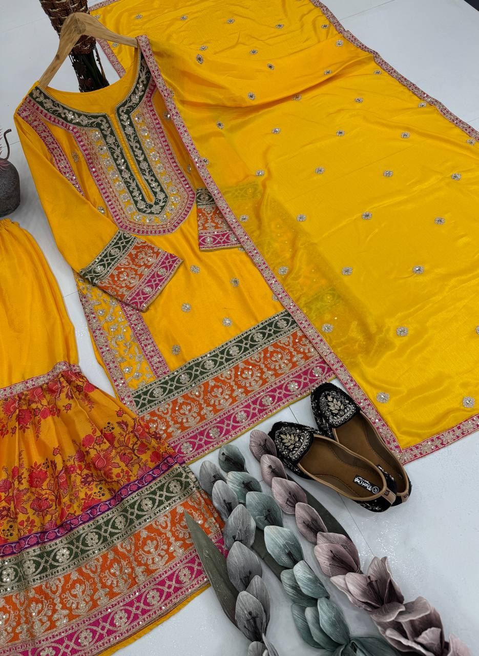 Trendy Orange Chinon Silk with Mirror Work Sharara Suit
