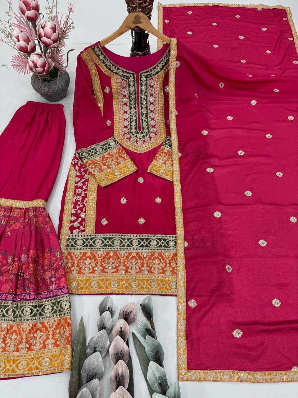 Trendy Orange Chinon Silk with Mirror Work Sharara Suit