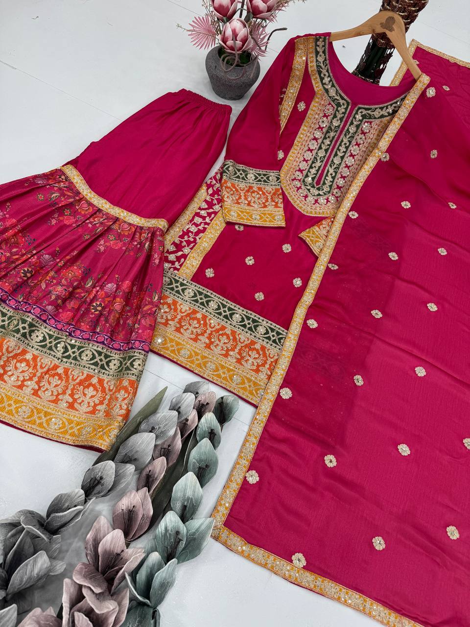 Trendy Orange Chinon Silk with Mirror Work Sharara Suit