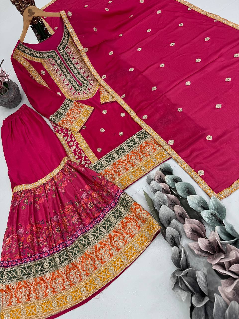 Trendy Orange Chinon Silk with Mirror Work Sharara Suit