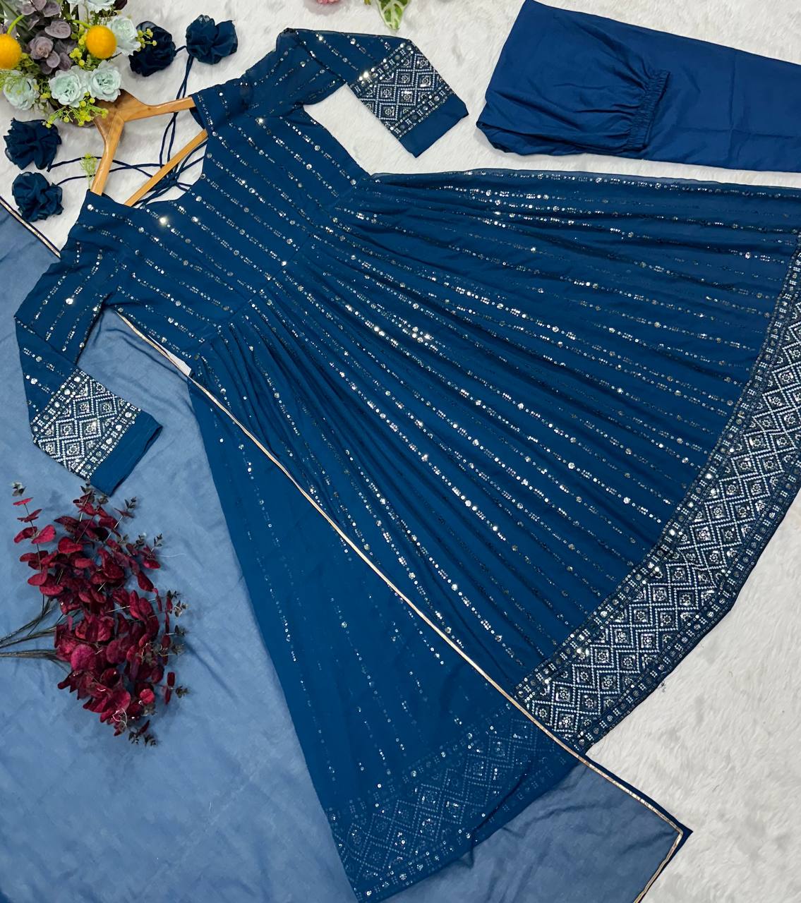 Pretty Blue Faux Blooming Work Anarkali Suit With Palazzo