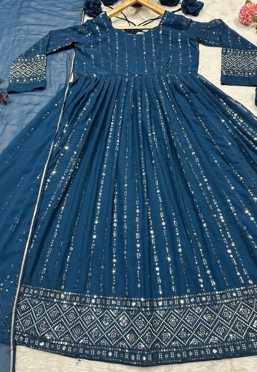 Pretty Blue Faux Blooming Work Anarkali Suit With Palazzo