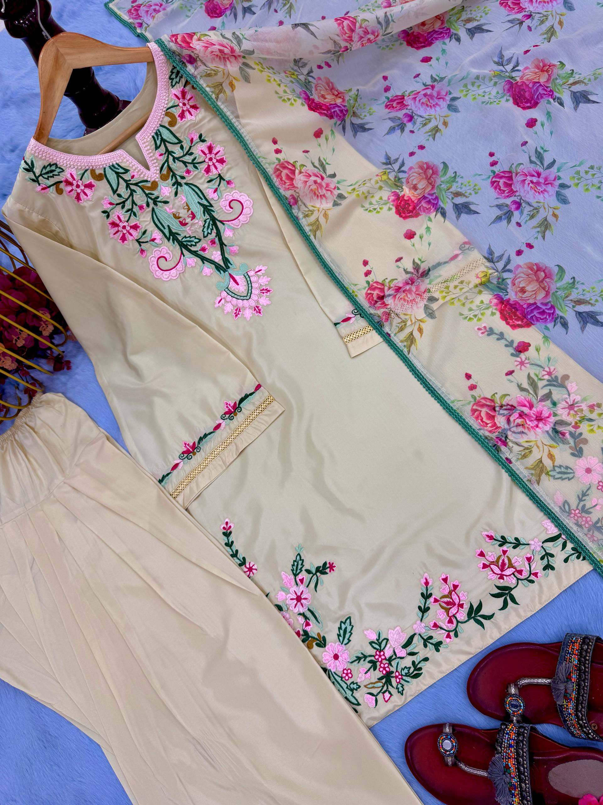 Attractive Beige Crepe Embroidery Palazzo Suit