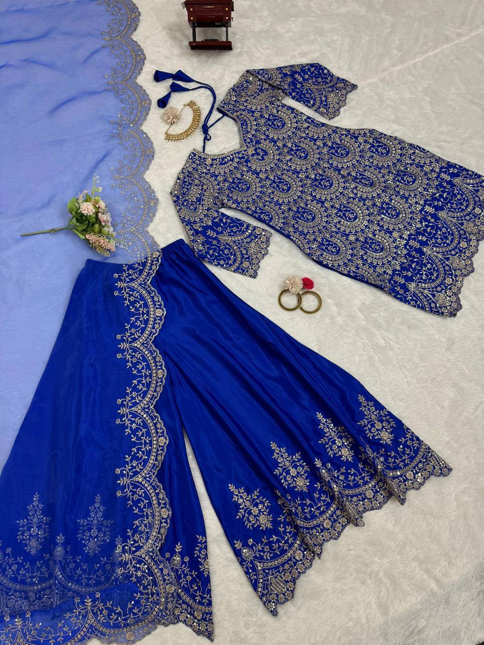 Stylish Blue Chinon Silk Sequence Work Palazzo Suit