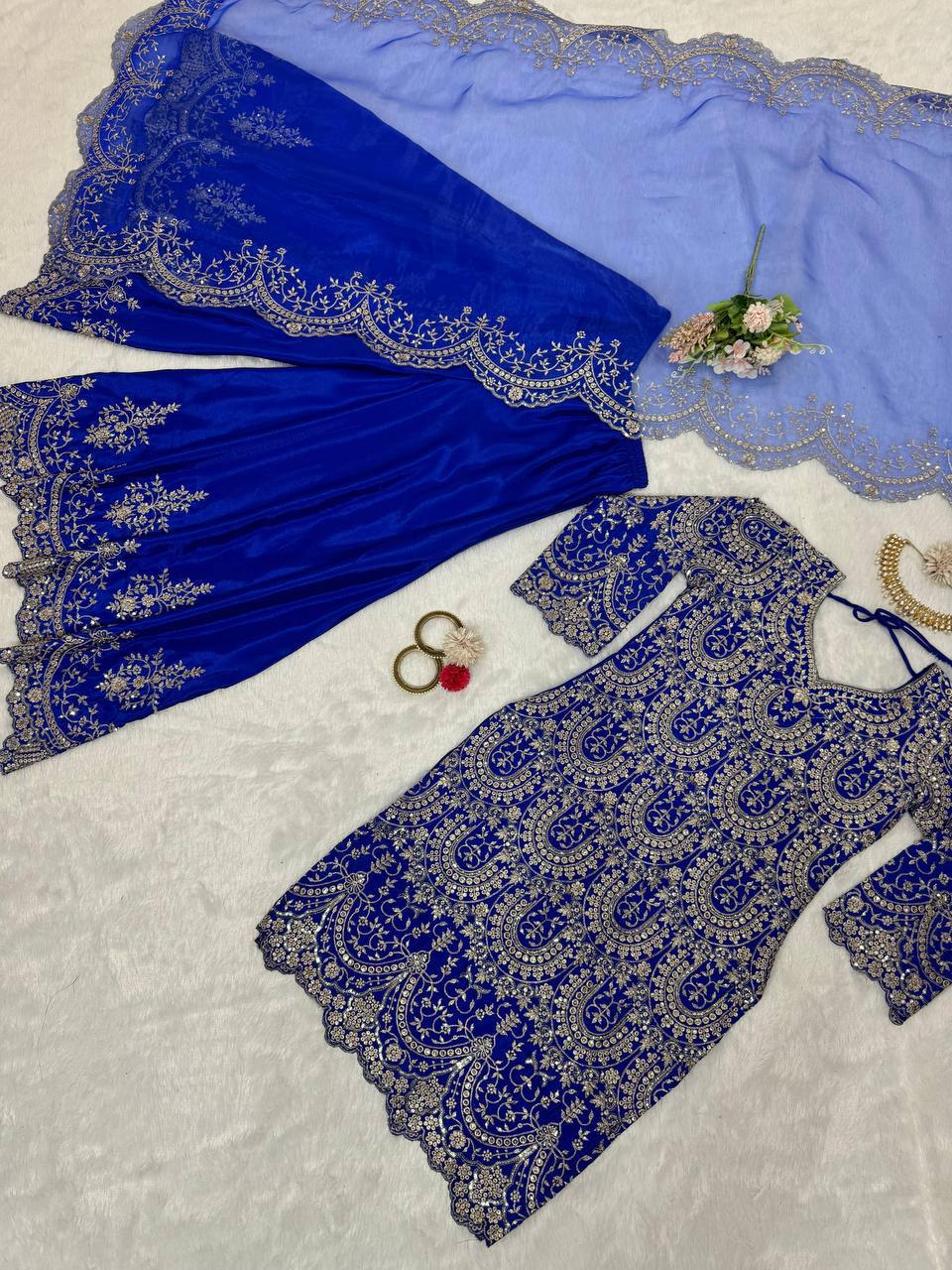 Stylish Blue Chinon Silk Sequence Work Palazzo Suit