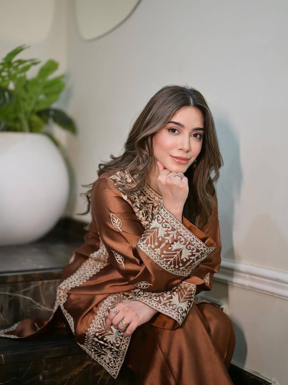 Gorgeous Brown Crepe Chinestich Palazzo Suit