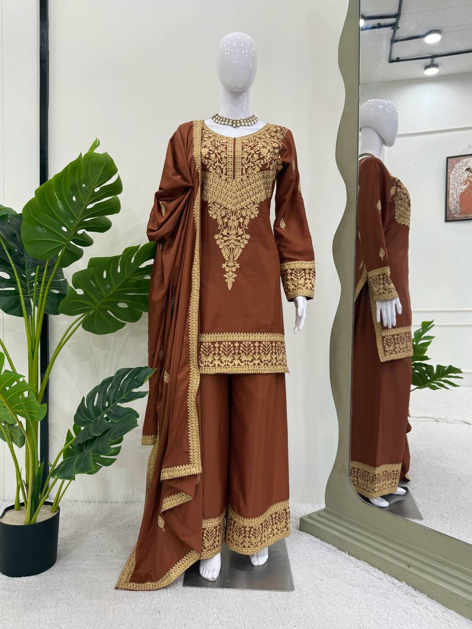 Gorgeous Brown Crepe Chinestich Palazzo Suit
