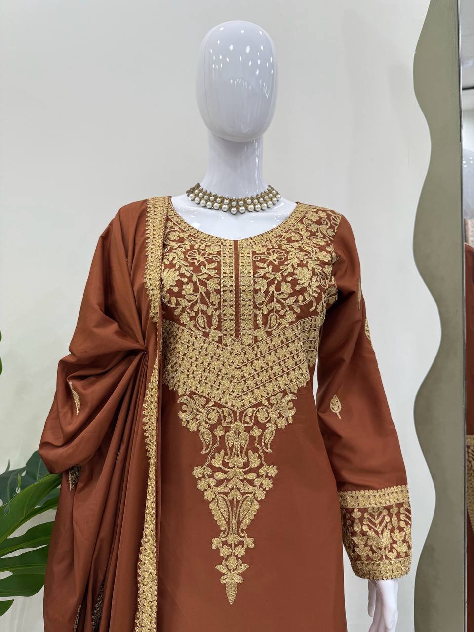 Gorgeous Brown Crepe Chinestich Palazzo Suit