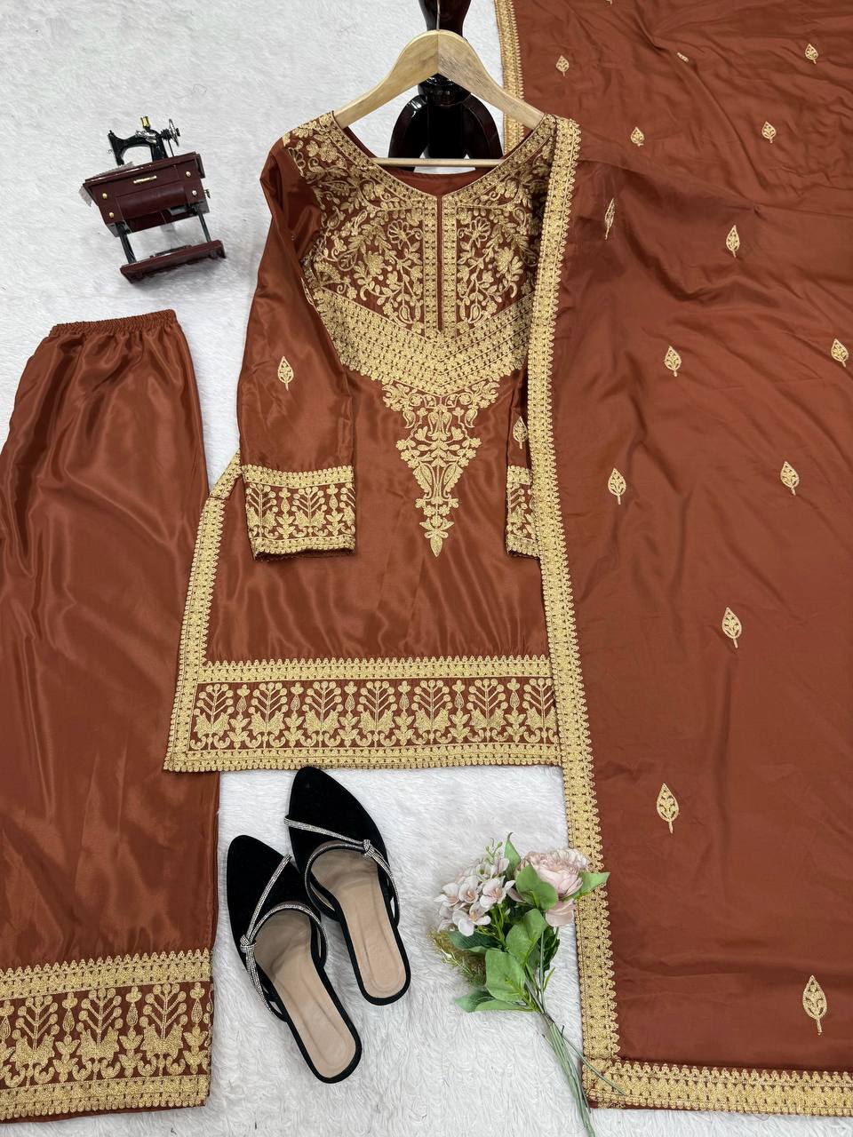 Gorgeous Brown Crepe Chinestich Palazzo Suit