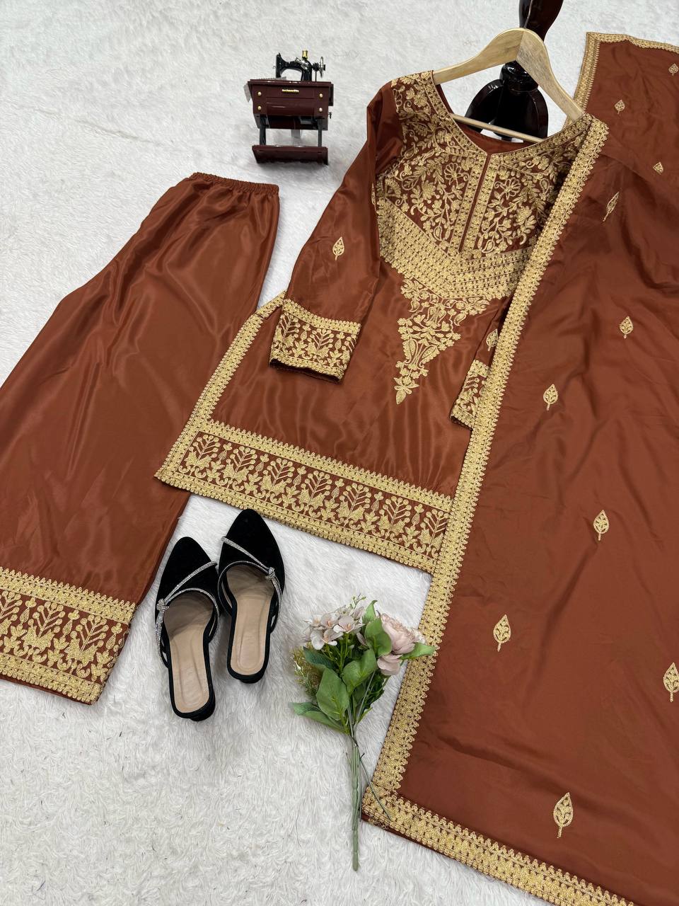 Gorgeous Brown Crepe Chinestich Palazzo Suit