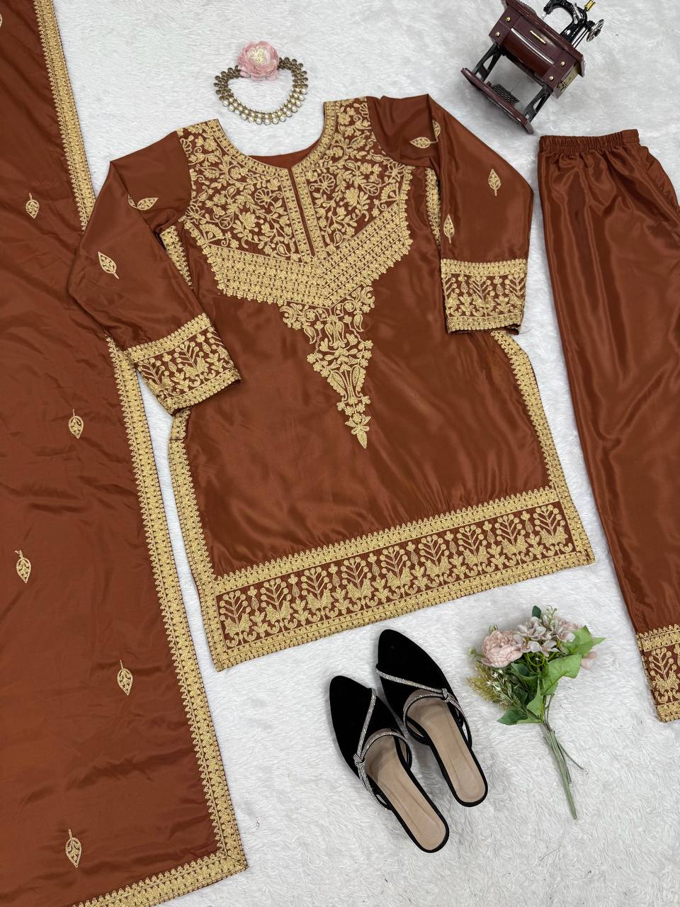 Gorgeous Brown Crepe Chinestich Palazzo Suit