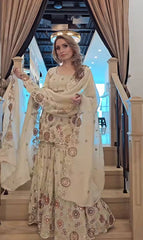 Trendy Cream Chinnon Sequence Work Sharara Suit