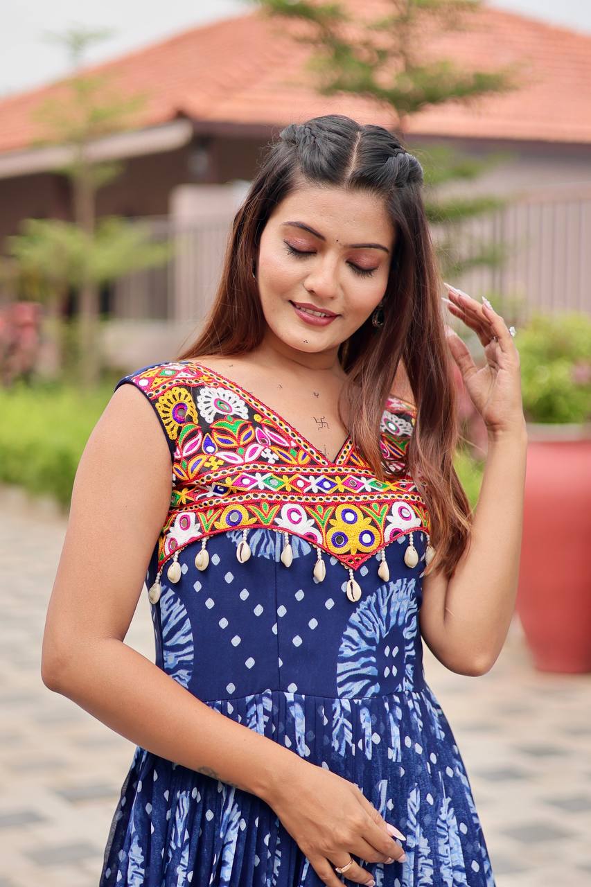 Navratri Special Ravishing Blue Georgette Gamthi Work Gown
