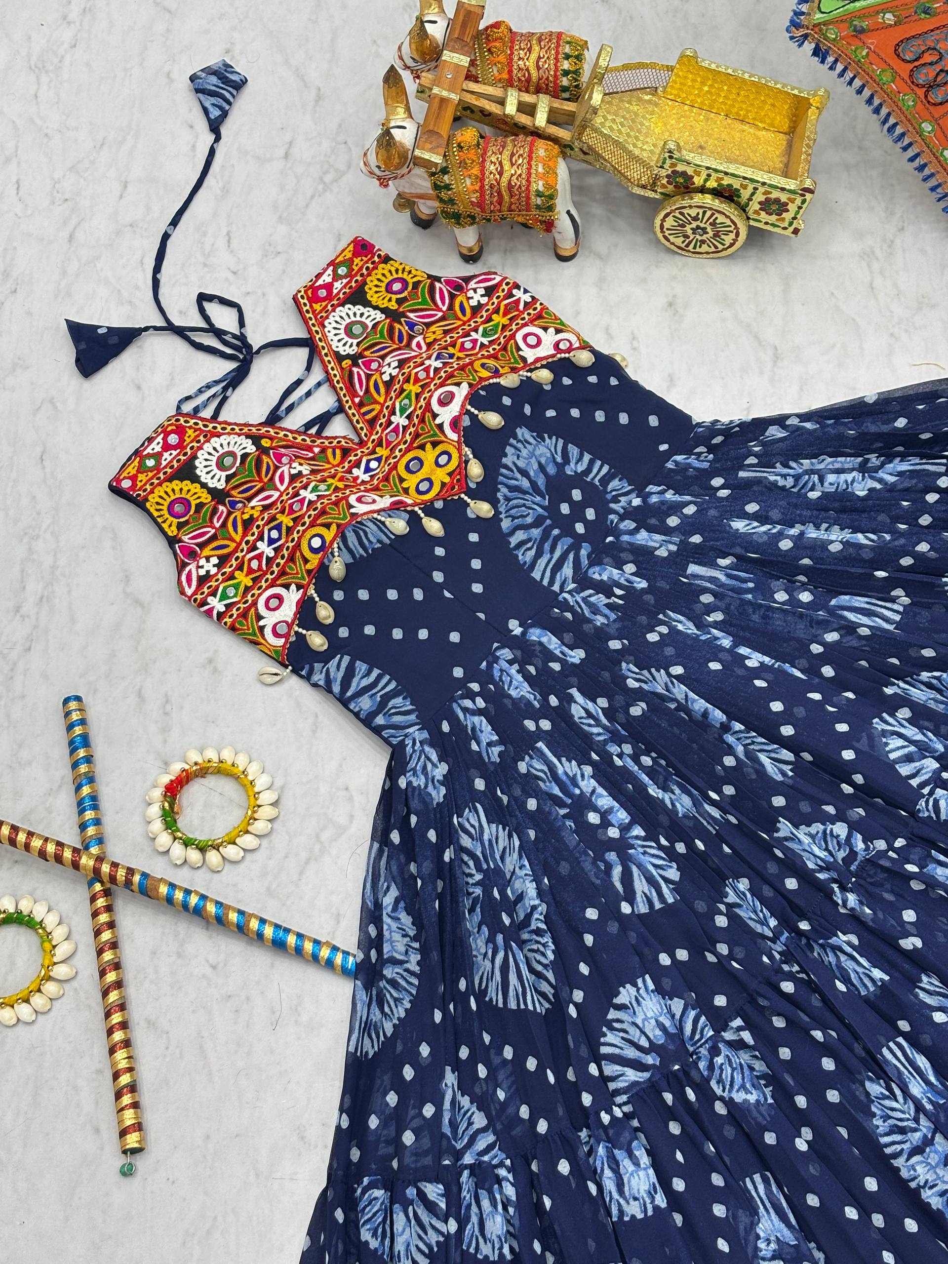 Navratri Special Ravishing Blue Georgette Gamthi Work Gown