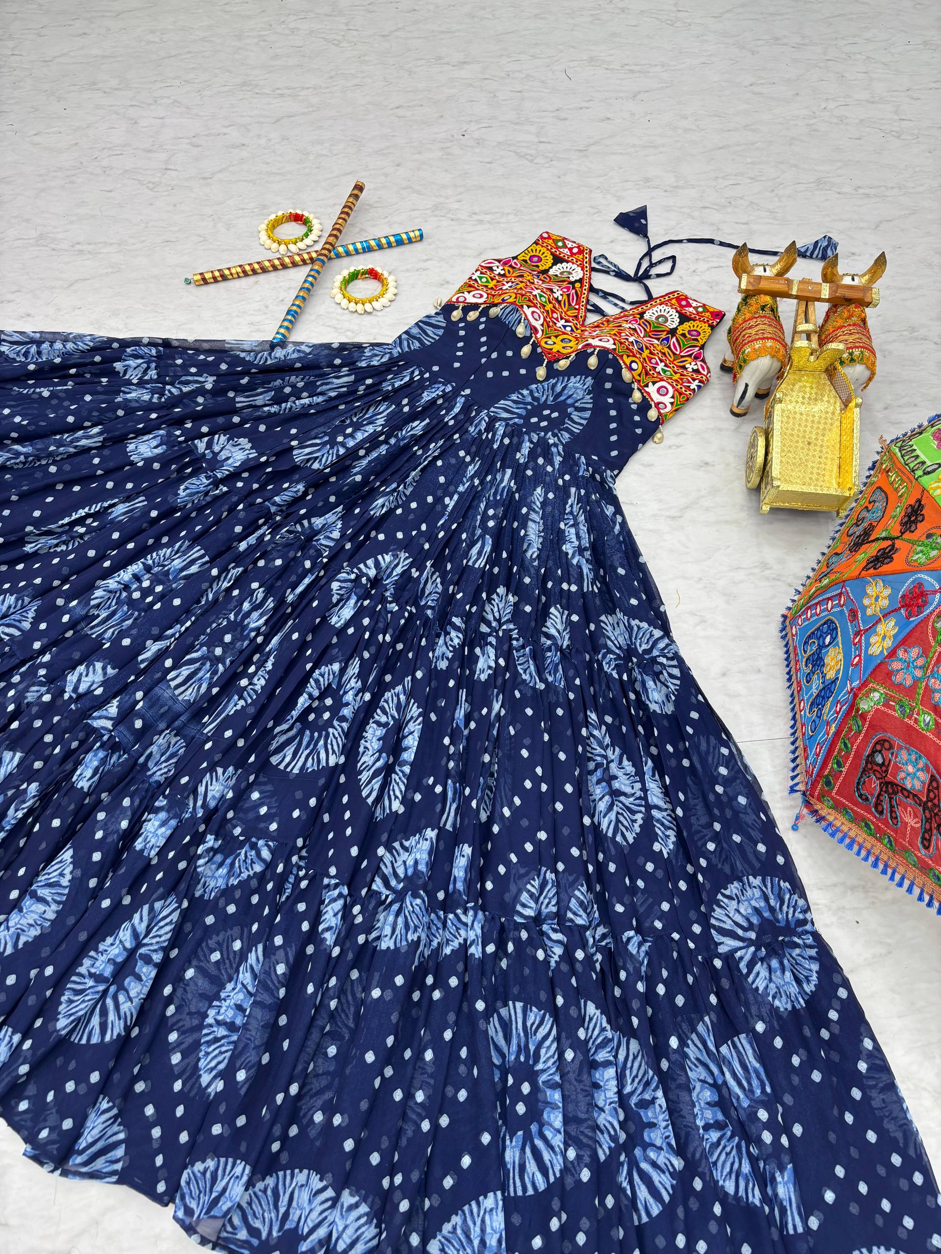 Navratri Special Ravishing Blue Georgette Gamthi Work Gown