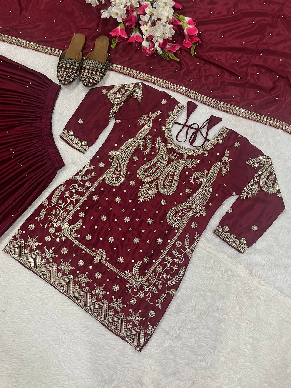 Gorgeous Blue Chinon Silk Sequence Work Sharara Suit