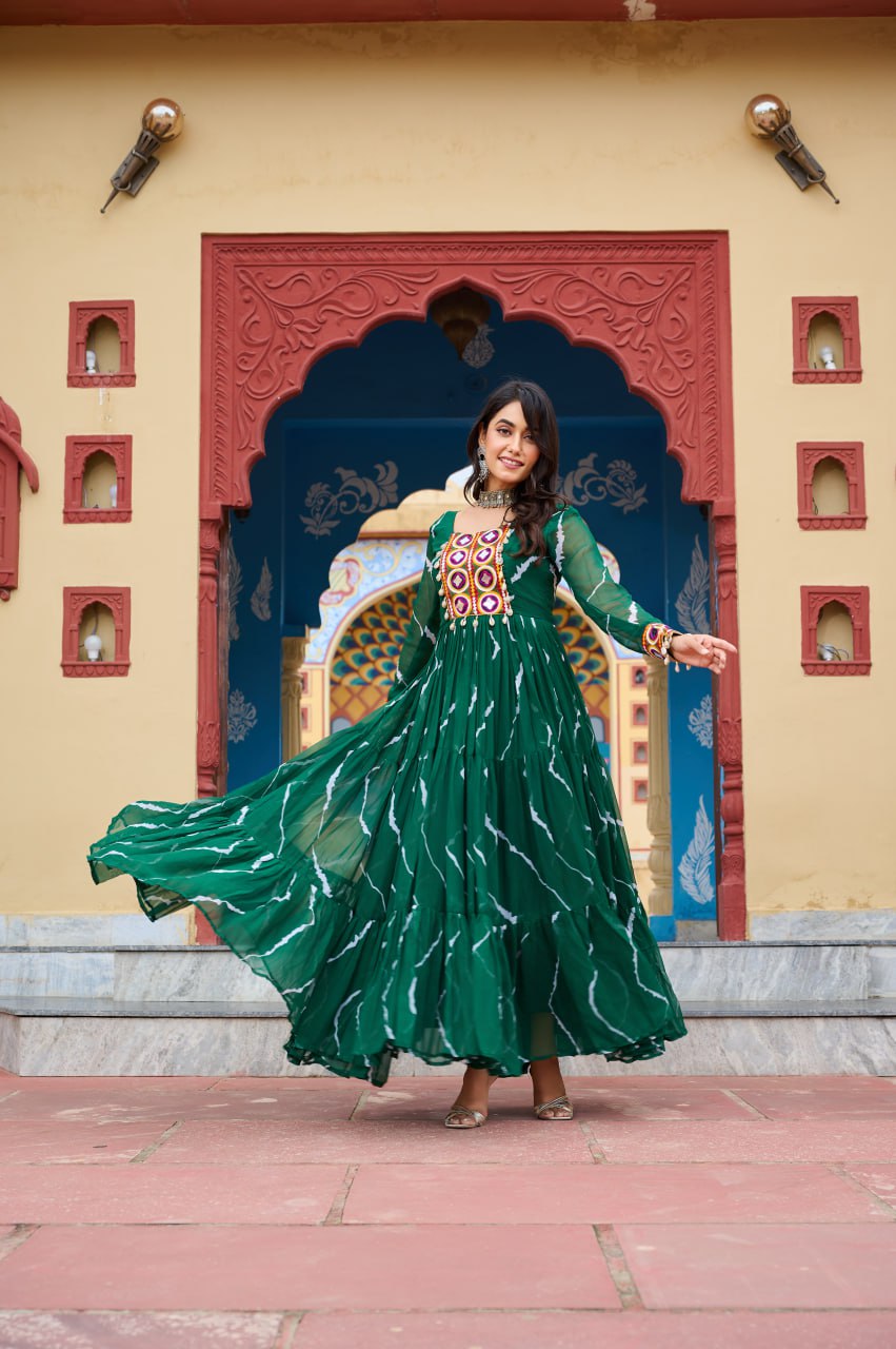 Gorgeous Green Georgette Kutchi Patchework Gown