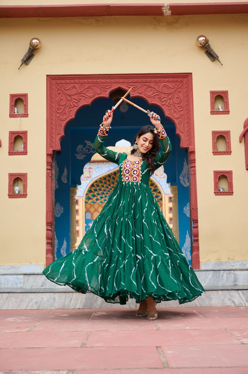 Gorgeous Green Georgette Kutchi Patchework Gown