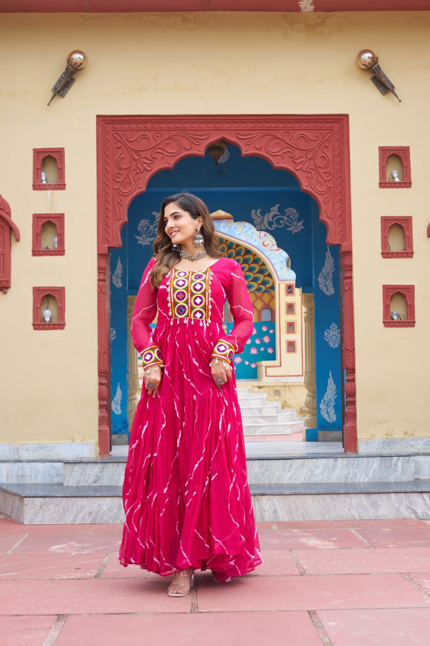 Gorgeous Green Georgette Kutchi Patchework Gown