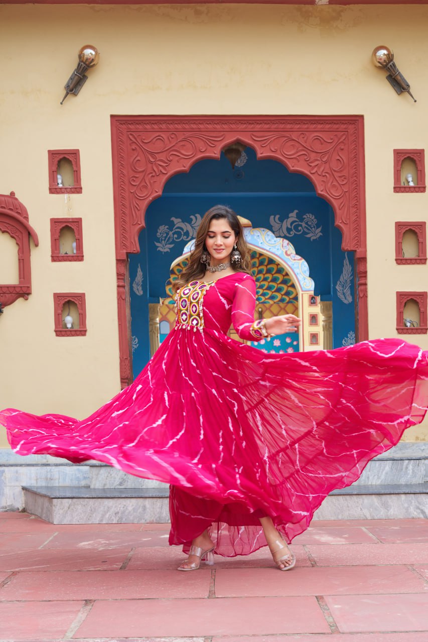 Gorgeous Green Georgette Kutchi Patchework Gown