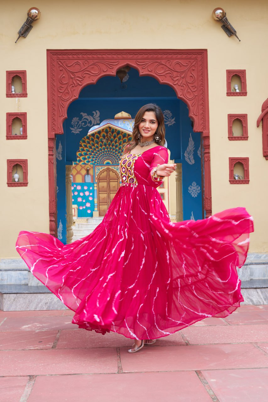 Gorgeous Green Georgette Kutchi Patchework Gown