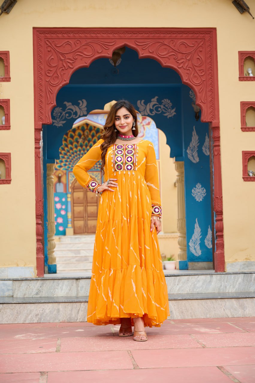 Gorgeous Green Georgette Kutchi Patchework Gown