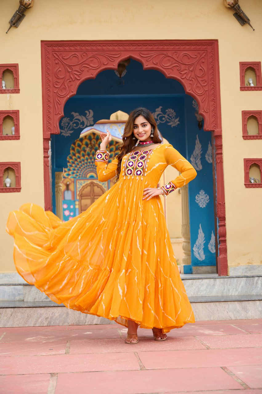 Gorgeous Green Georgette Kutchi Patchework Gown