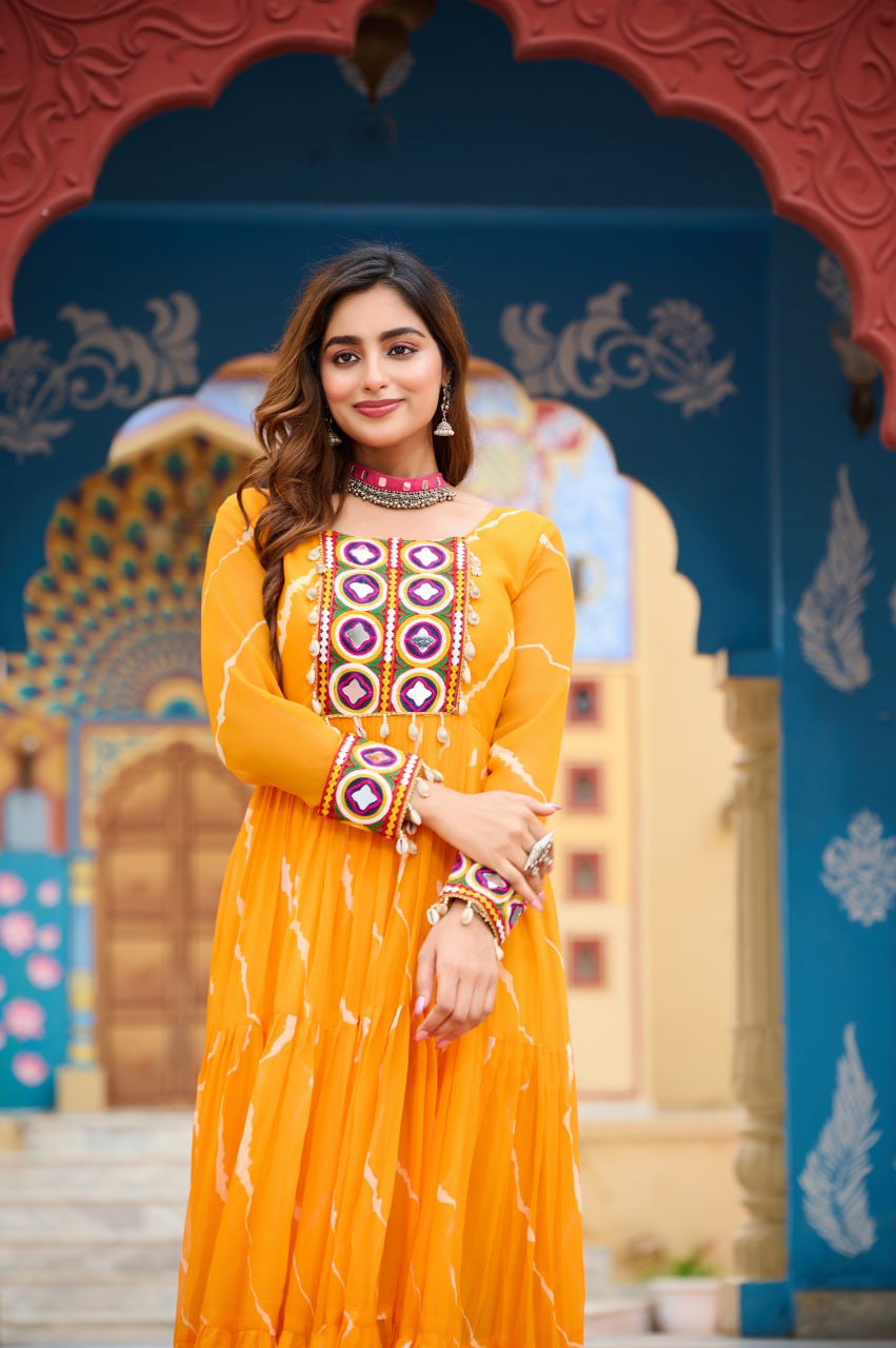 Gorgeous Green Georgette Kutchi Patchework Gown