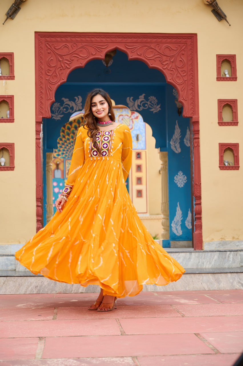 Gorgeous Green Georgette Kutchi Patchework Gown