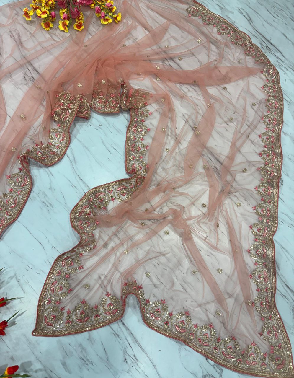 Trendy Pink Net with Embroidery Work Saree