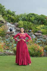 Attractive Maroon Reyon Kutchi Work Gown