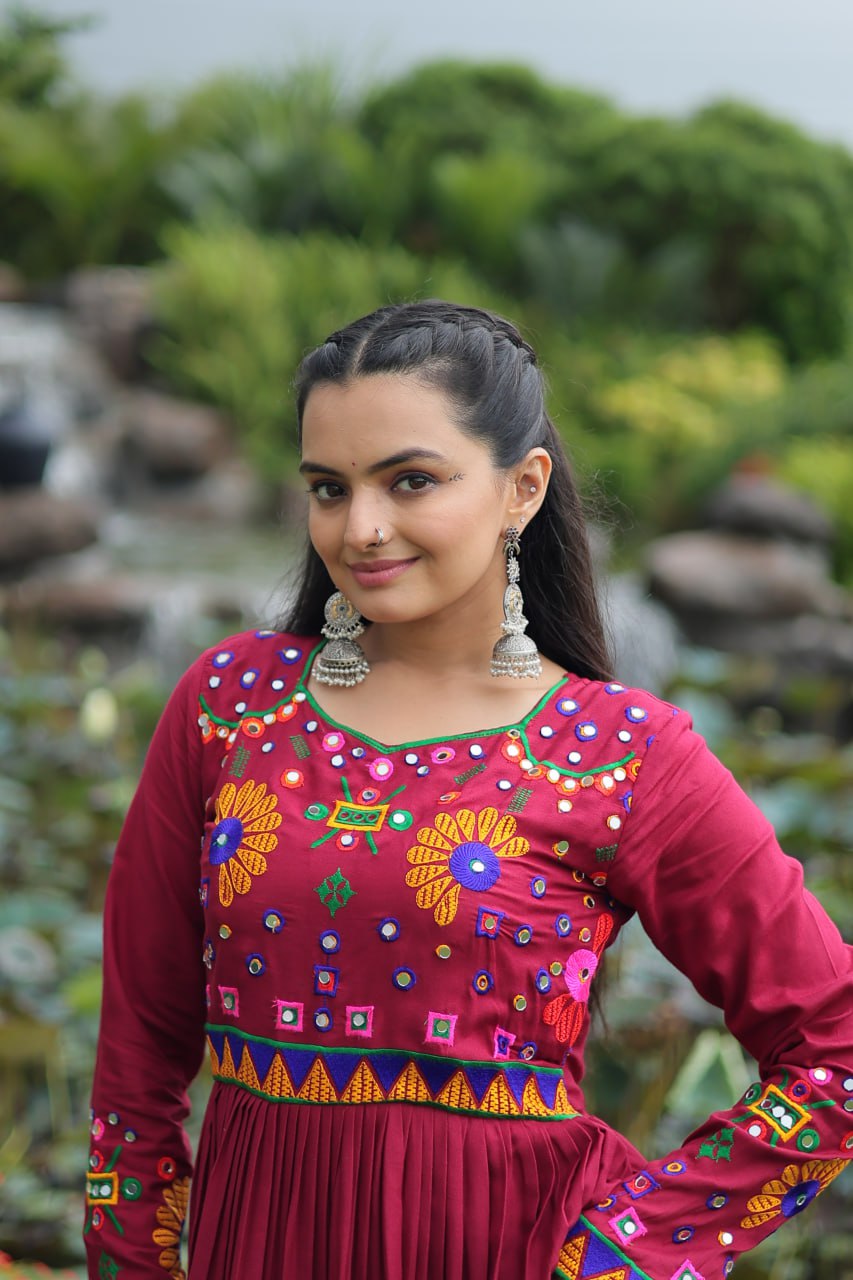 Attractive Maroon Reyon Kutchi Work Gown