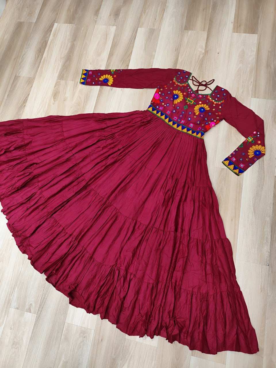 Attractive Maroon Reyon Kutchi Work Gown