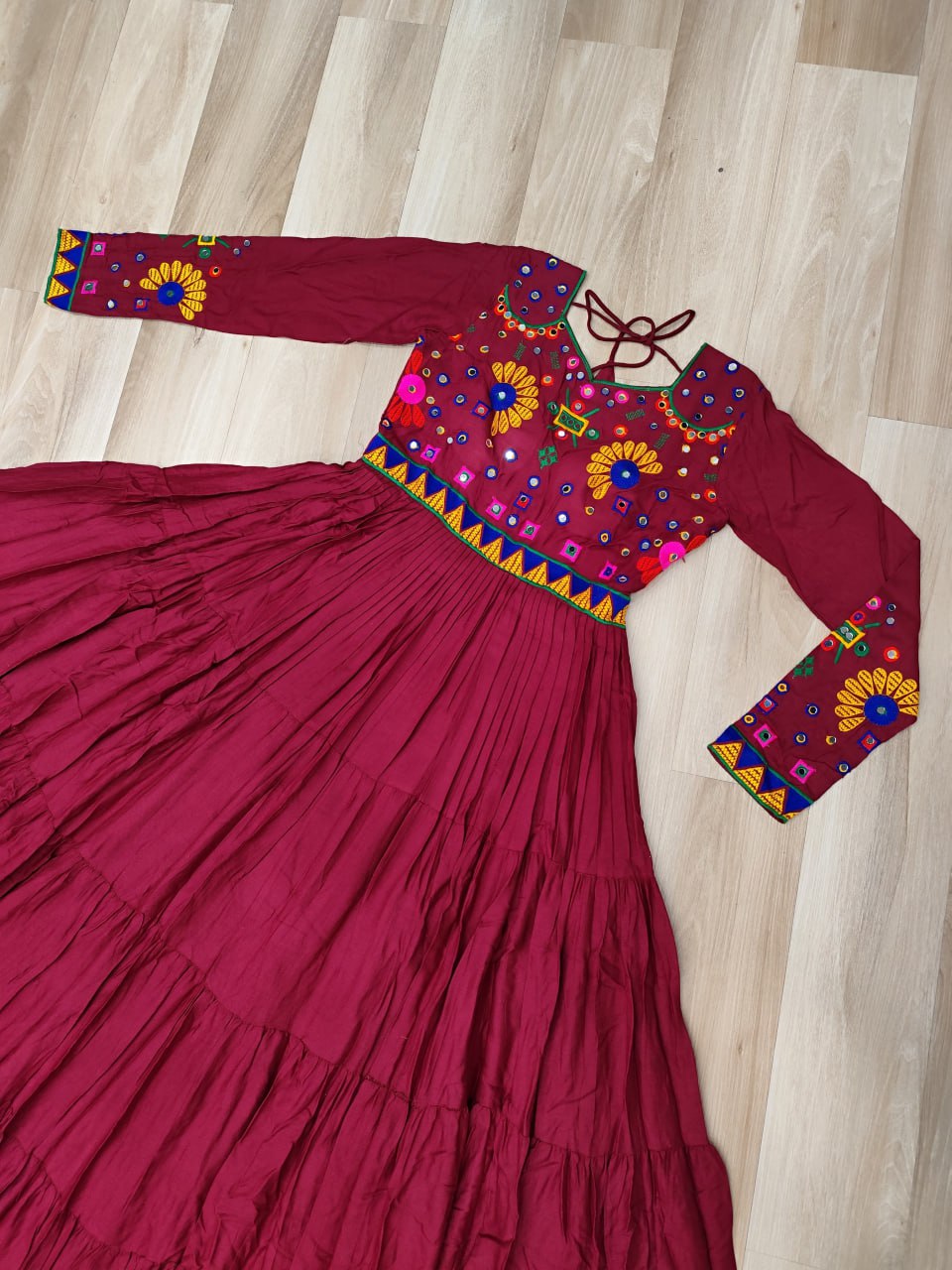 Attractive Maroon Reyon Kutchi Work Gown