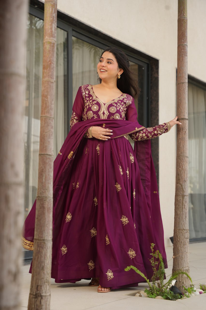 Lovely Pink Georgette Embroidery Work Gown