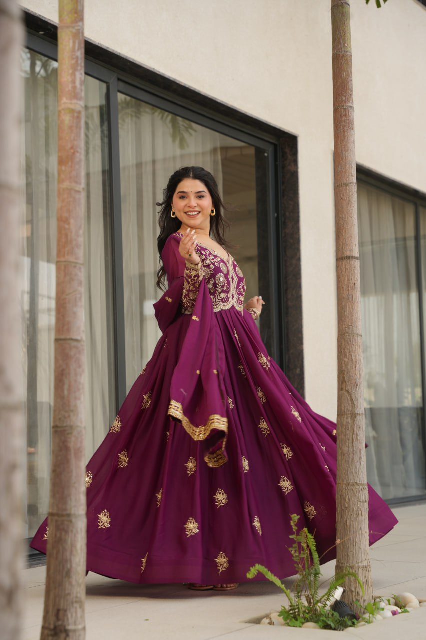 Lovely Pink Georgette Embroidery Work Gown