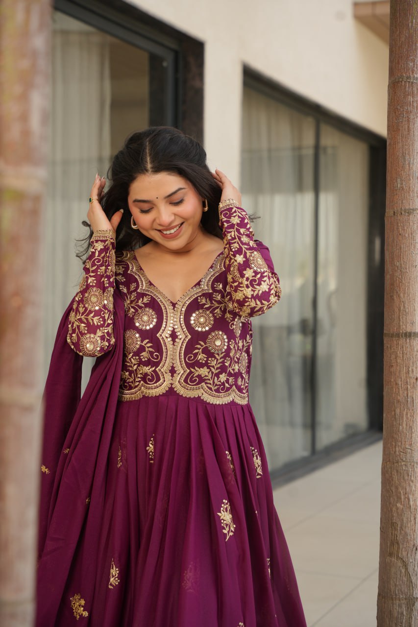 Lovely Pink Georgette Embroidery Work Gown