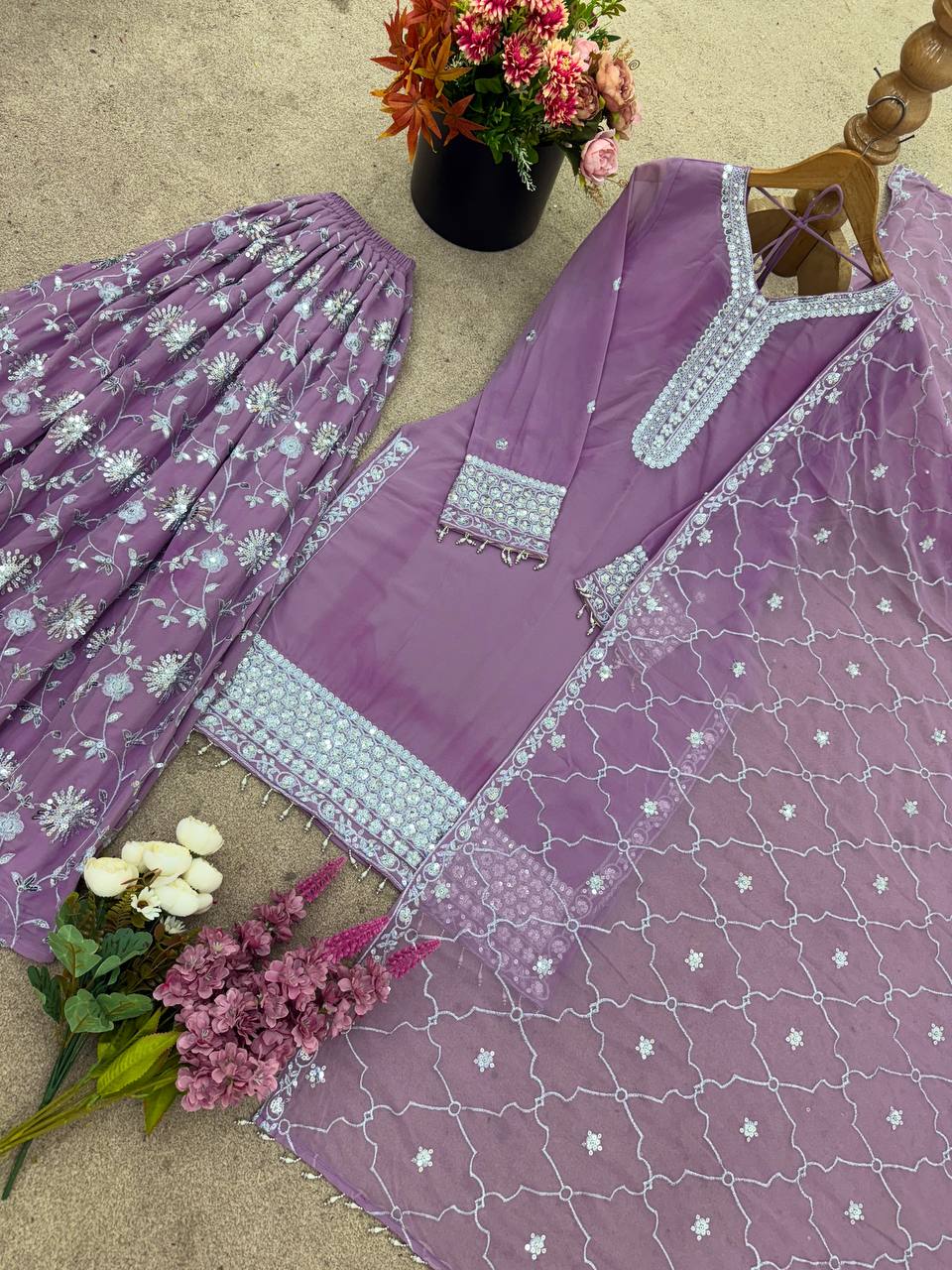 Lovely Pink Georgette Embroidery Plazzo Suit