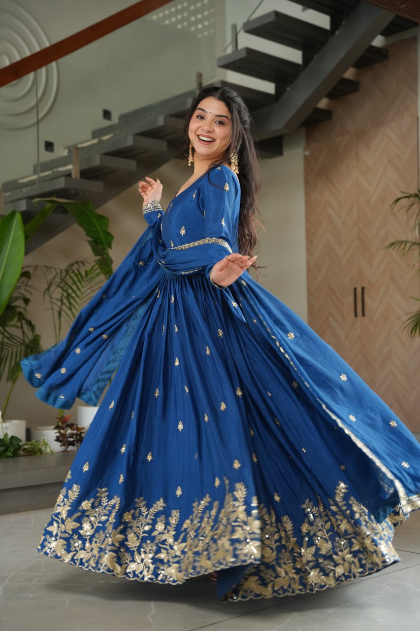 Trendy Blue Chinnon Zari Designer Gown