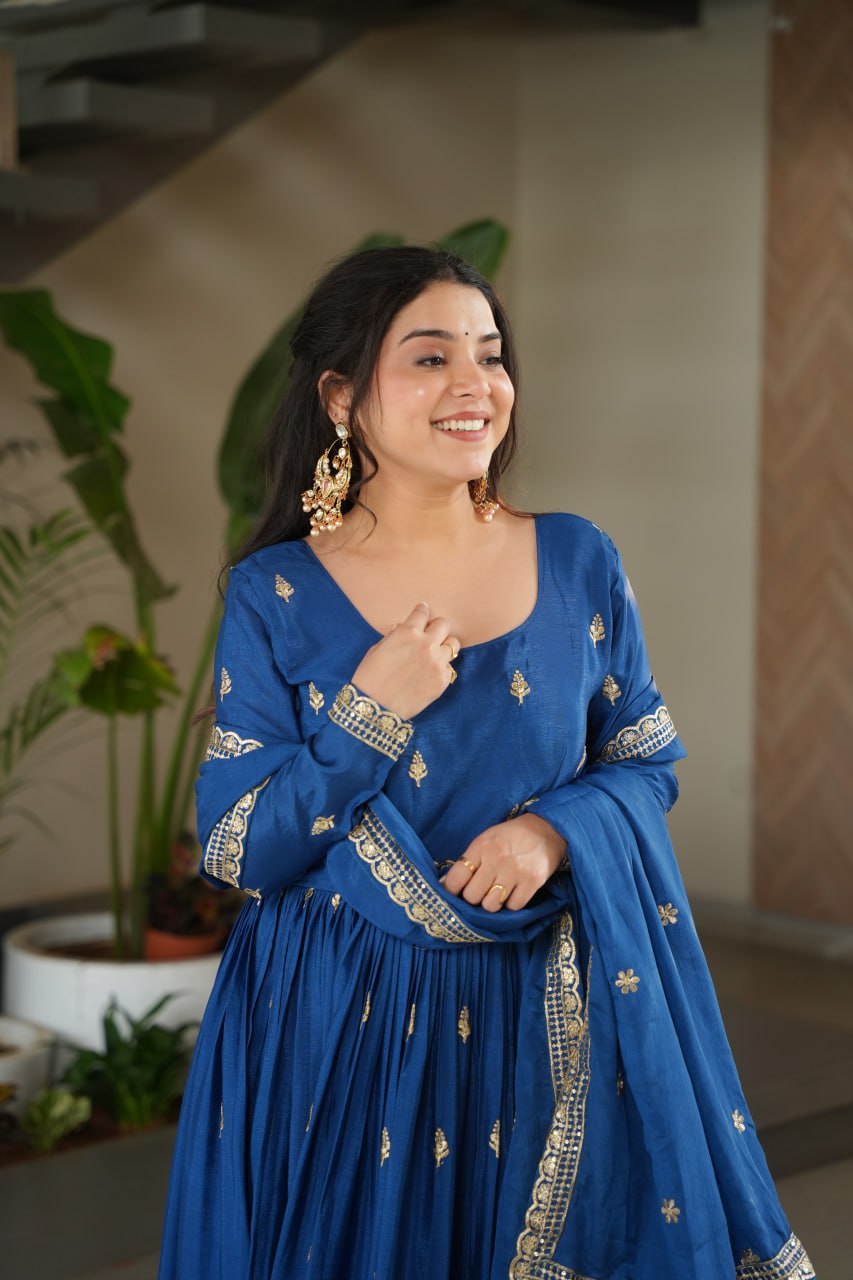 Trendy Blue Chinnon Zari Designer Gown