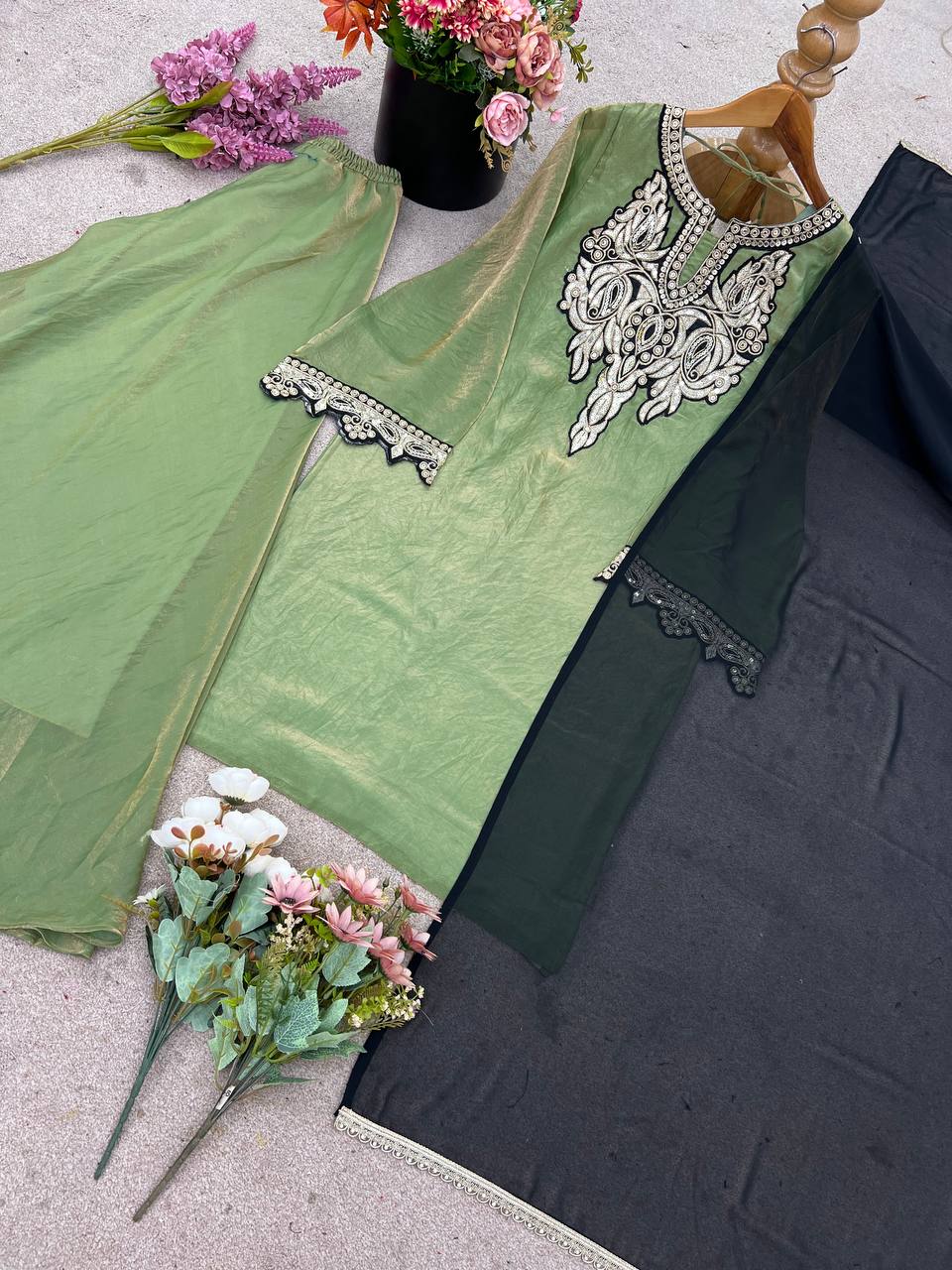 Trendy Green Fendy Silk Embroidery Work Sharara Suit