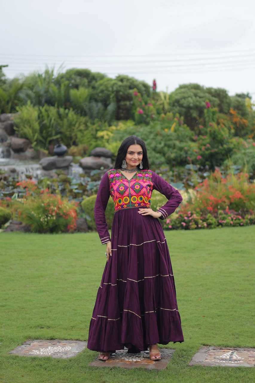 Ravishing Navy Blue Reyon Embroidered Gown