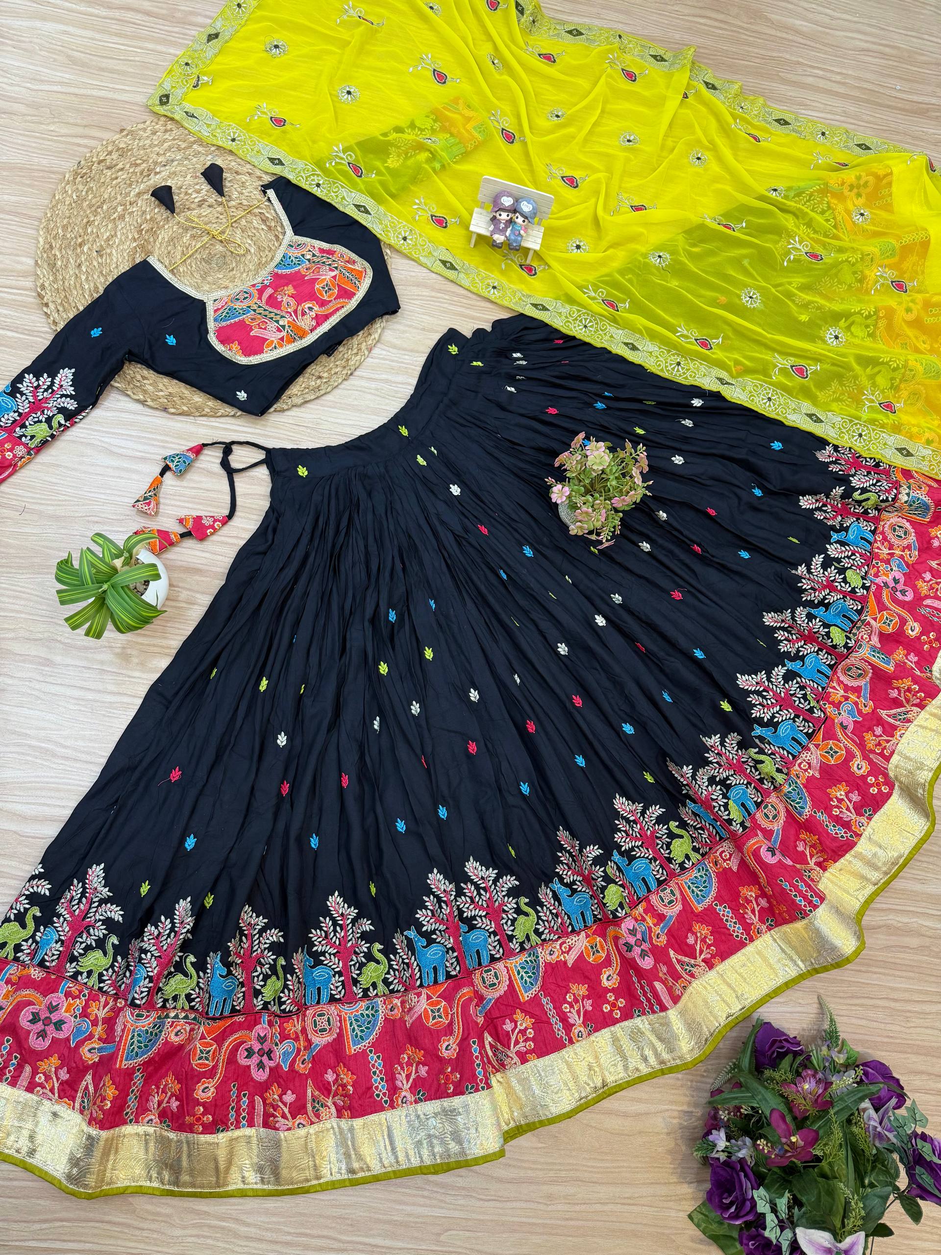 Lovely Black Rayon Embroidery Work Lehenga Choli