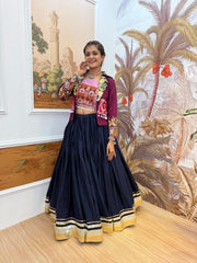 Alluring Navy Blue Rayon Lampi Work Lehenga Choli